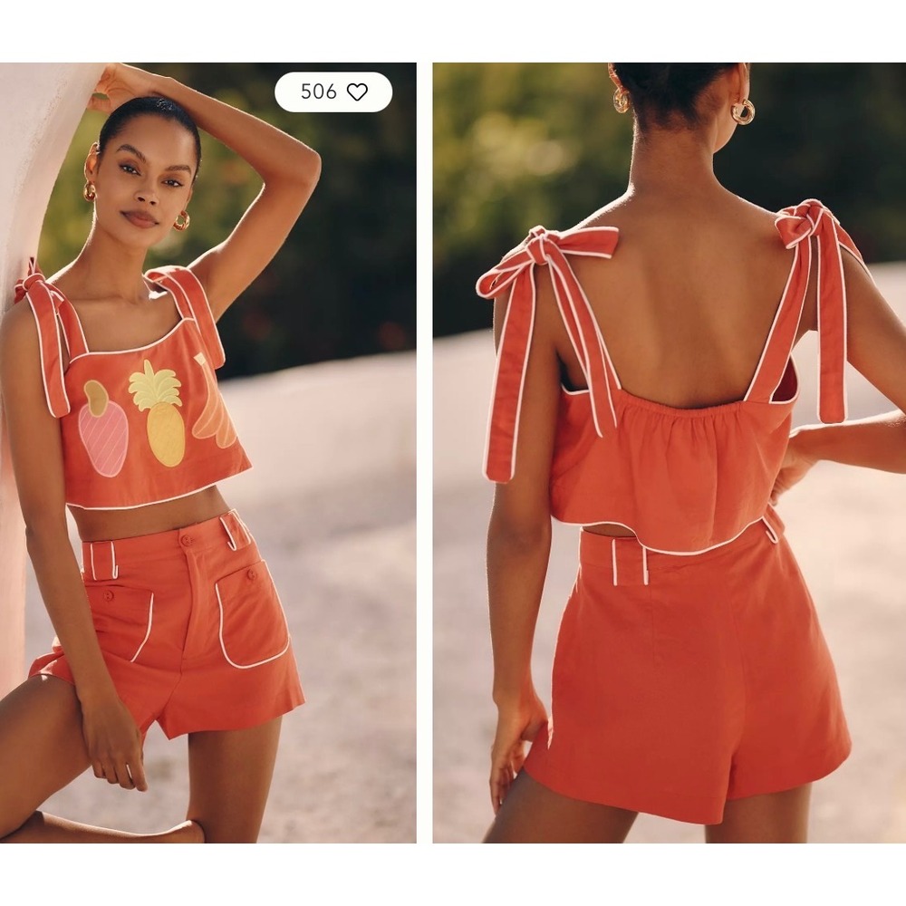 FARM Rio x Anthropologie Fruit Appliqué Tie Strap Crop Top NWT Tropical Resort